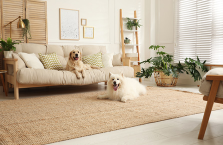 Zwei Hunde liegen im Wohnzimmer