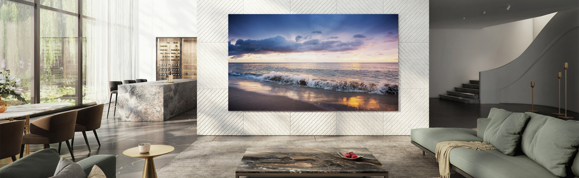 Großer Fernseher an einer Wand in modernem Wohnzimmer