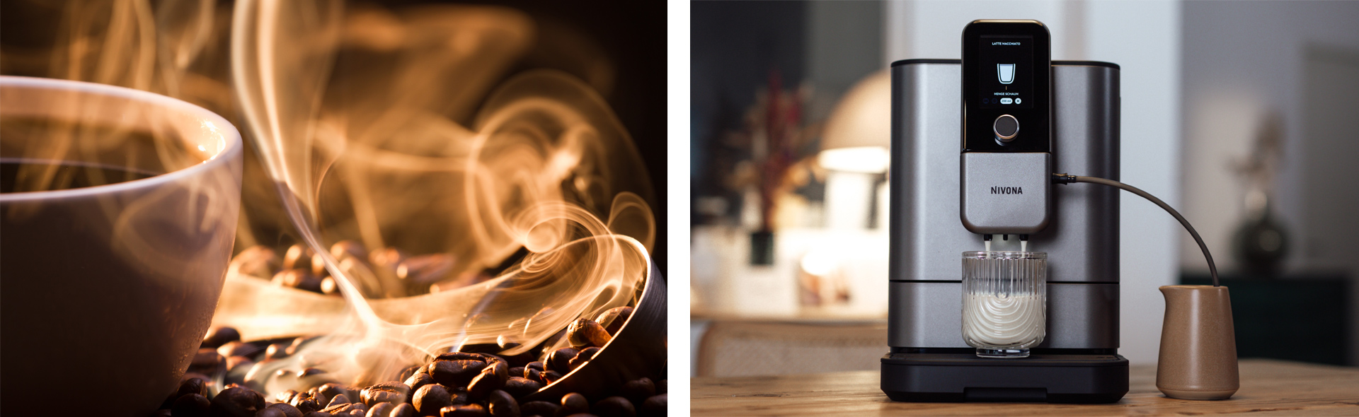 Doppel-Bild. Links Tasse mit dampfendem Kaffe und recht ein Kaffeevollautomat