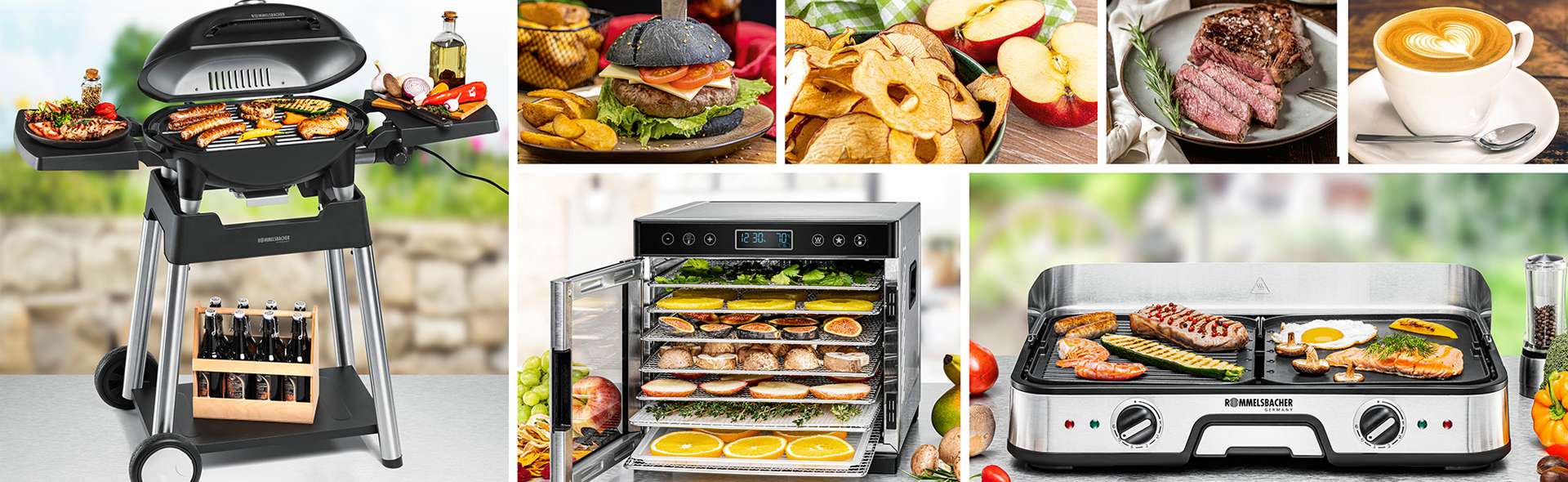 Vollbelegter Grill mit Würstchen und Fleisch. Ein Hamburger, getrocknetes Obst, Teller mit Fleisch, eine Tasse Kaffe, Dörrgerät, Elektrogrill.