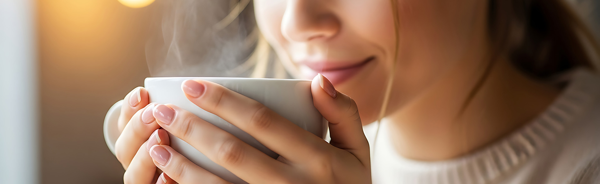 Frau hält eine Tasse vor ihren Mund