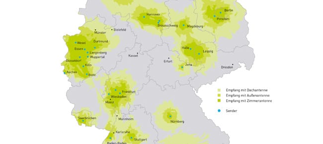 Deutschlandkarte über die Verfügbarkeit von DVB-T2 Empfang