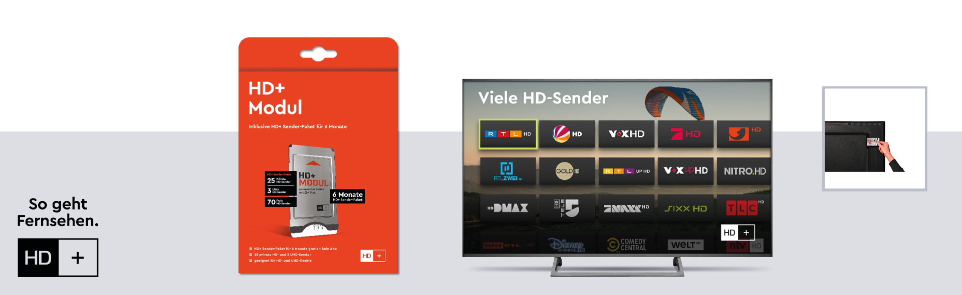 Fernseher mit verschiedenen TV-Sendern neben einem HD+ Modul