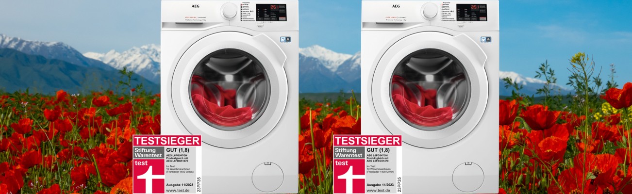 Kopfzeilenbild für die Seite „AEG Wärmepumpentrockner und Waschmaschinen – Testsieger bei Stiftung Warentest“